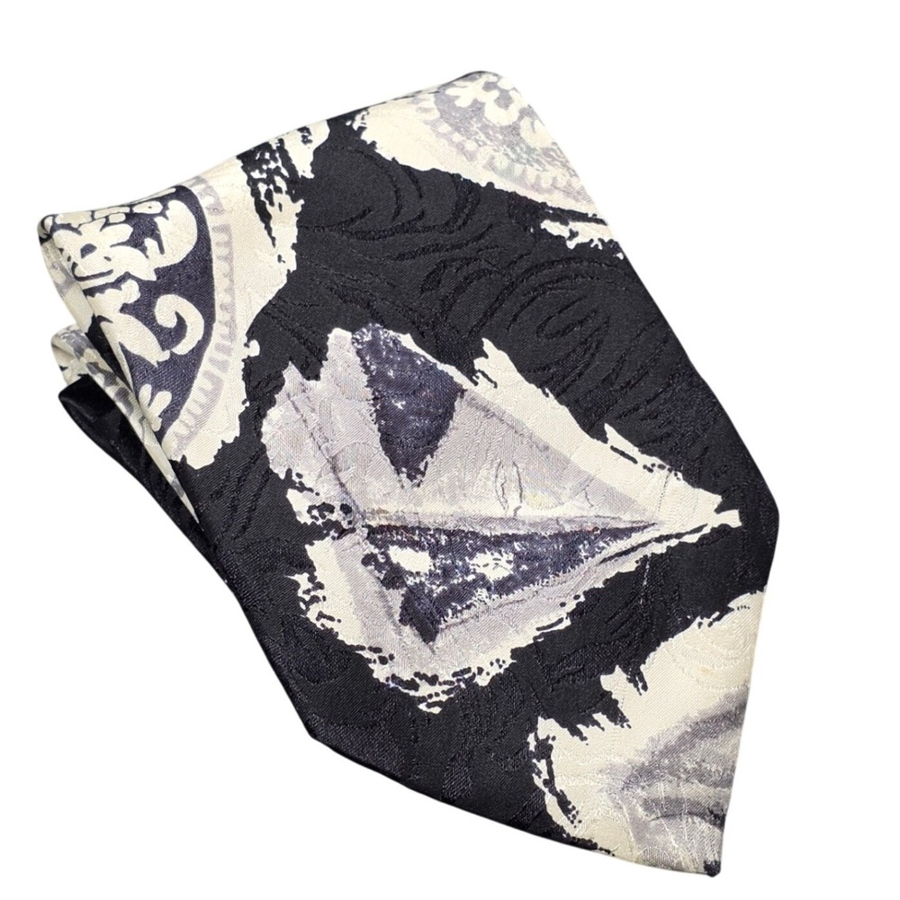Vintage Zizi Rossi Silk Necktie Men's Black White Gray Abstract Hand Screened